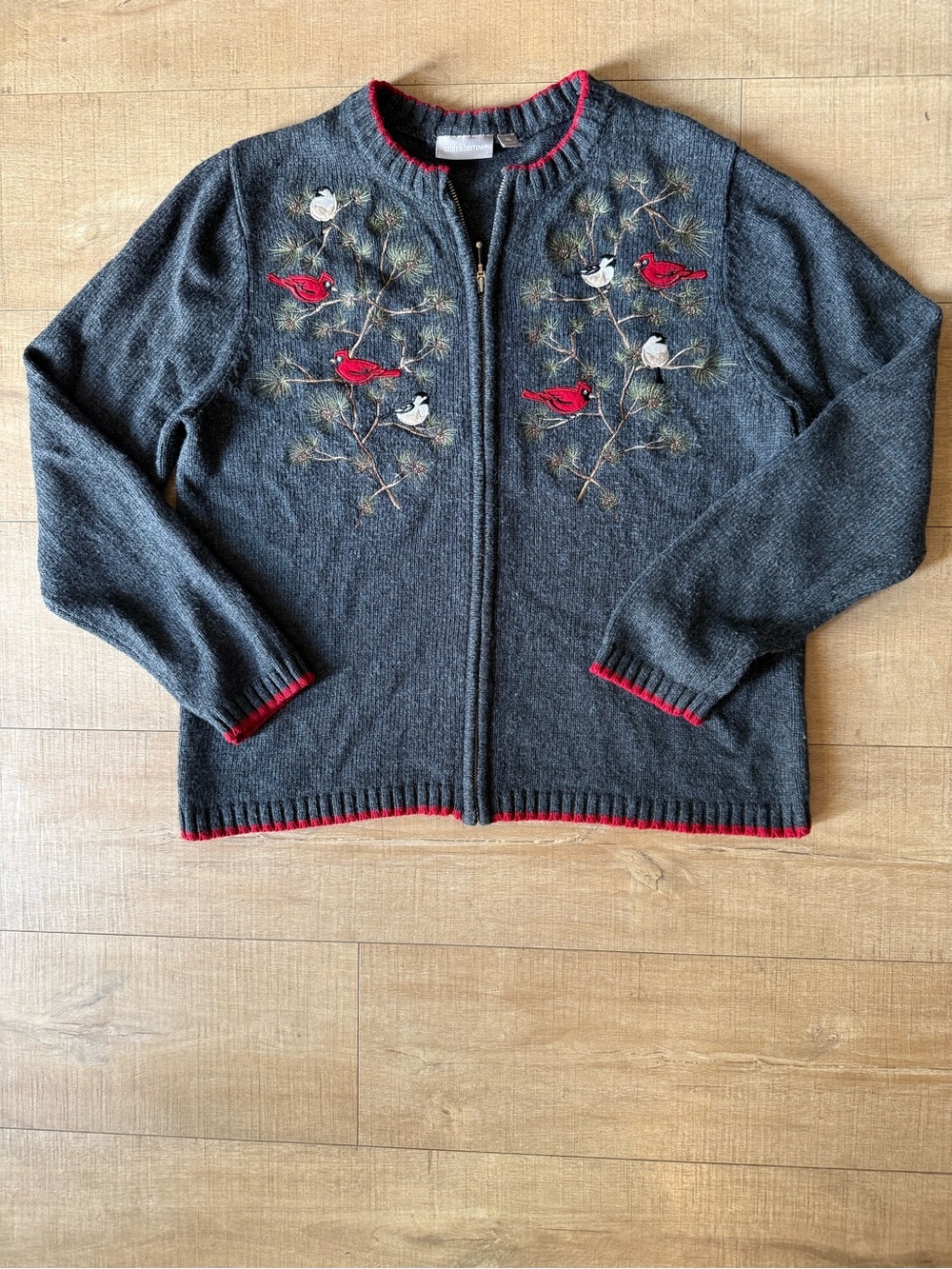 Vtg Embroidered Cardinal bird Christmas Cottagecore Sweater XL ramie silk blend